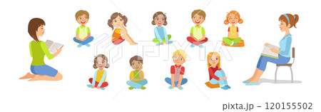 Kids Sit on Floor and Listen to Woman Read Fairytale Vector Set Kids Sit on Floor and Listen to Woman Read Fairytale Vector Set 120155502