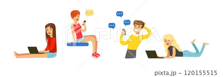 Young Man and Woman with Laptop and Smartphone Electronic Device Vector Set 120155515