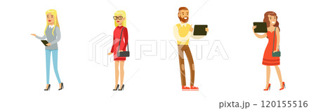 Young Man and Woman with Tablet Electronic Device Vector Set 120155516