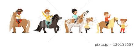 Funny Kids Riding Pony and Care of Their Horses Vector Set 120155587