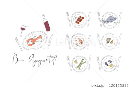 Seafood food plates collection with inscription bon appetit color 120155835