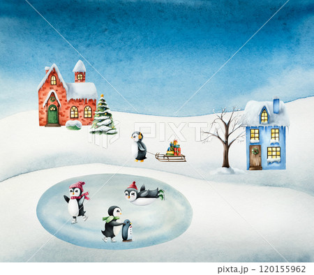 New year scene. Penguins skates on ice rink, pulling wood winter sleigh with stack gifts. Christmas sport lesson. Learn to Ice Skate, watercolor hand painted illustration isolated on background. For 120155962