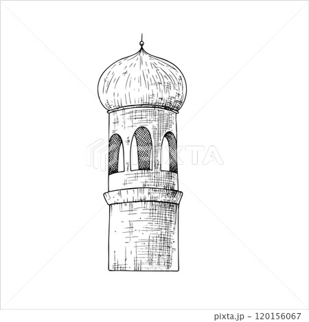 Vector Islamic minaret. Graphic illustration mosque, tower isolated on white background. Muslim hand drawn line sketch, holiday Ramadan Kareem or Eid Al Adha 2025. For designers, prints, postcards 120156067
