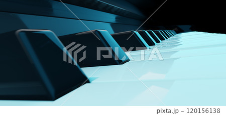 Close-up View of Piano Keys Illuminated in a Soft Blue Light at Night. 3d rendering Close-up View of Piano Keys Illuminated in a Soft Blue Light at Night. 3d rendering 120156138