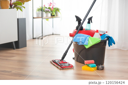 Mop bucket with a cleaning supplies 120156424