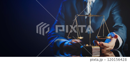 Lawyer with weight scale, copy space image 120156428