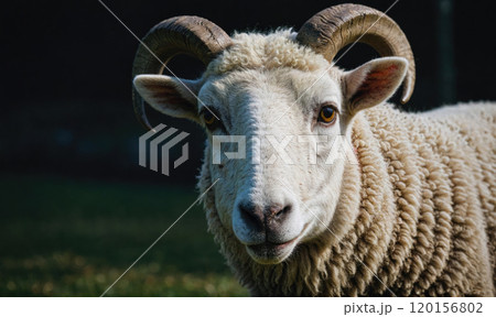 A white ram with large horns looks directly at the camera in a field 120156802