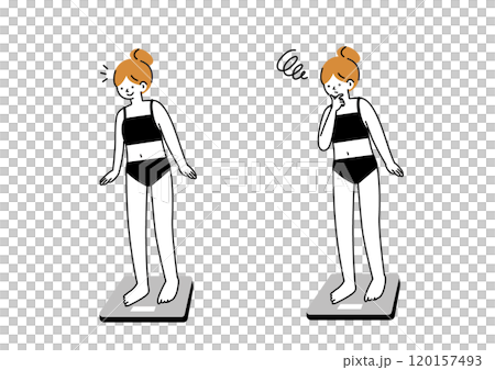 一個女人在檢查體重後感到高興和悲傷 一個女人在檢查體重後感到高興和悲傷 120157493