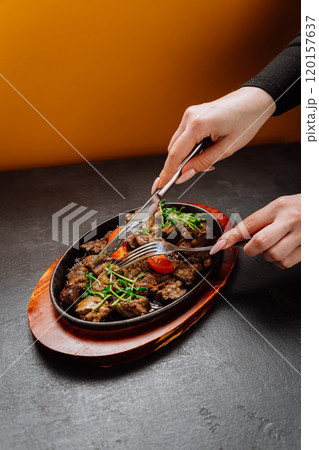 Tender grilled meat served on a sizzling plate with fresh herbs and tomatoes, ready to enjoy 120157637