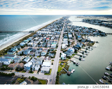 Aerial view over Wrightsville Beach in Wilmington North Carolina Aerial view over Wrightsville Beach in Wilmington North Carolina 120158048