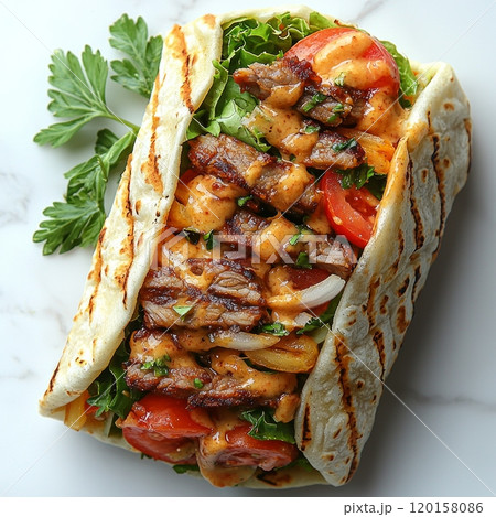 Turkish dner kebab wrap sliced open reveal tender layers meat crisp vegetables and creamy sauce all artfully arranged bright background. 120158086