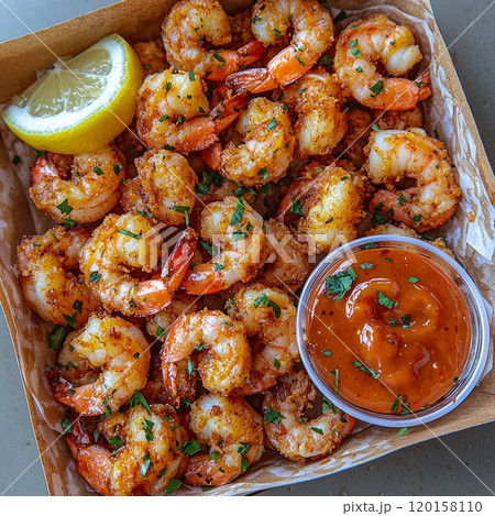 enticing dish features golden brown fried shrimp served alongside vibrant cocktail sauce and fresh lemon wedges highlighting crispy texture and appetizing colors. 120158110