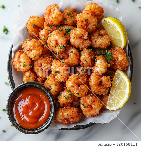 basket golden brown fried shrimp beautifully arranged alongside tangy cocktail sauce and fresh lemon wedges emphasizing indulgence and appetizing textures. 120158111