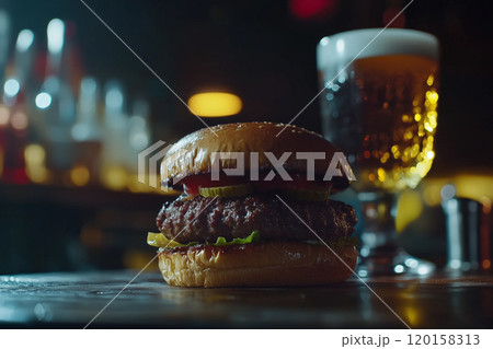 Juicy Beef Burger on Wooden Table with Beer 120158313