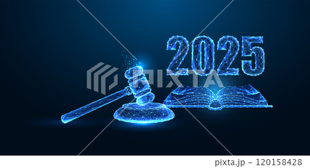 2025 Change in legislation concept with open book, gavel, and 2025 digits on dark blue background. 2025 Change in legislation concept with open book, gavel, and 2025 digits on dark blue background. 120158428