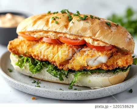 delicious classic fish sandwich showcases crispy fillet nestled soft bun layered lettuce and tomato served alongside tangy tartar sauce dipping. 120158629