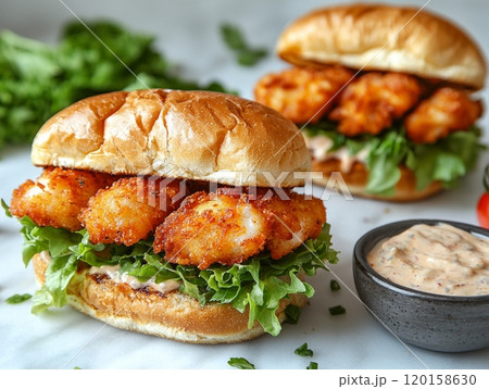 mouthwatering classic fish sandwich showcases crispy fillet layered fresh lettuce and tomato soft bun paired flavorful bowl tartar sauce dipping. 120158630