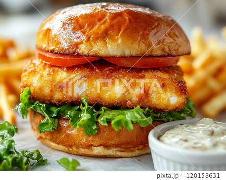 dish showcases delicious fish sandwich crispy fillet layered fresh lettuce and tomato complemented small bowl tartar sauce all clean white backdrop. 120158631