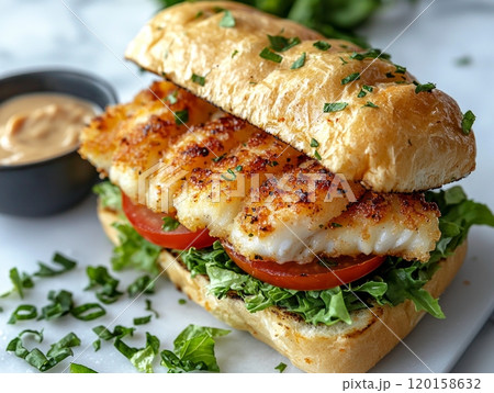 classic American fish sandwich showcases crispy fillet layered fresh lettuce and tomato placed next bowl tartar sauce clean white background. 120158632