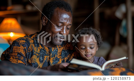 culturally inspired bedroom grandfather reads bedtime story his grandchild who listens intently. warm light adds cozy atmosphere. 120158973