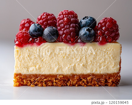 classic American cheesecake slice features rich creamy texture and buttery graham cracker crust beautifully topped vibrant red and blue berries. 120159045