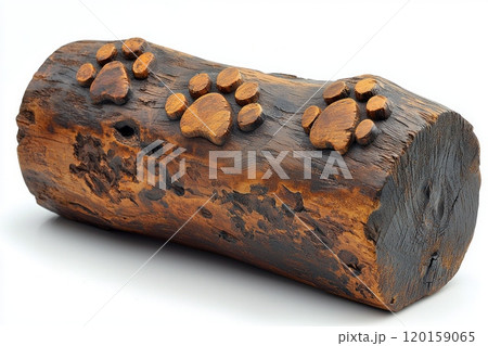 rustic memorial features weathered reclaimed wood carved paw prints and floral designs creating heartfelt tribute beloved pets clean white backdrop. 120159065