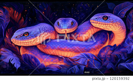Celebrating New Year 2025 the year of the wood snake with vibrant snake art and colorful foliage 120159392