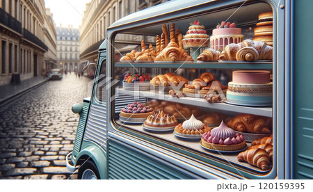 In the window of a vintage food truck, a delectable assortment of desserts from vibrant macarons to layered cakes beckons with artisanal flair. In the window of a vintage food truck, a delectable assortment of desserts from vibrant macarons to layered cakes beckons with artisanal flair. 120159395