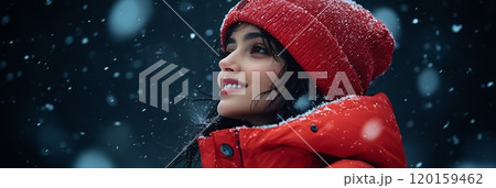 A woman enjoying a snowy camping experience while wearing warm clothes during 120159462