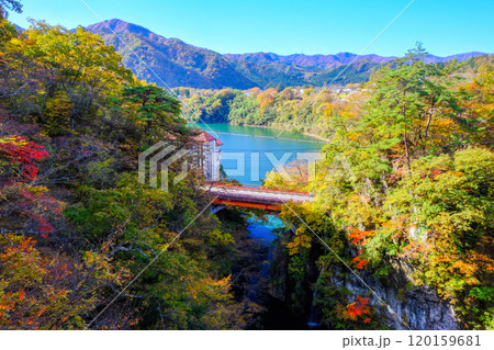 紅葉の駒形峡と赤谷湖 120159681