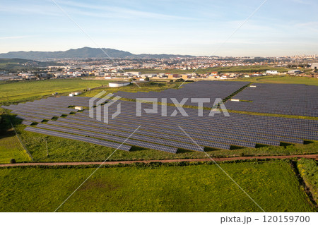 High angle view of solar panels on agricultural High angle view of solar panels on agricultural 120159700