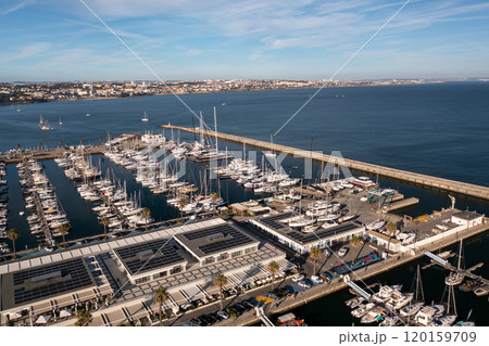 Drone view of sailboats moored at Cascais marina 120159709