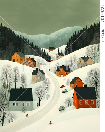 A tranquil winter village landscape with cozy houses surrounded by snow-covered hills 120159729