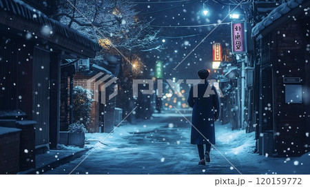Enchanting winter night in Seoul with glowing streetlights and falling snow Enchanting winter night in Seoul with glowing streetlights and falling snow 120159772