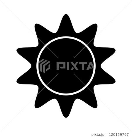Sun icon. Sunburst, sunlight or sunshine sign. Circular badge, stamp, label or price tag with wavy edges. Black discount, sale, promotion sticker isolated on white background Sun icon. Sunburst, sunlight or sunshine sign. Circular badge, stamp, label or price tag with wavy edges. Black discount, sale, promotion sticker isolated on white background 120159797