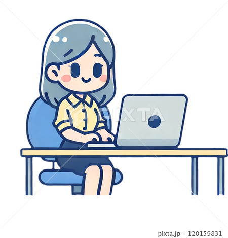 パソコン作業中の女性キャラクターのかわいいイラスト パソコン作業中の女性キャラクターのかわいいイラスト 120159831