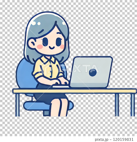パソコン作業中の女性キャラクターのかわいいイラスト パソコン作業中の女性キャラクターのかわいいイラスト 120159831