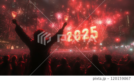 Welcoming 2025 with fireworks and joyful crowds at a vibrant New Year Eve celebration! 120159867