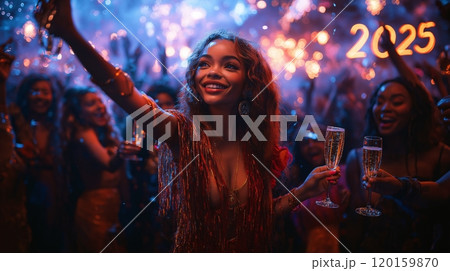 Celebrating the arrival of 2025 in a vibrant New Year's Eve party surrounded by joyful friends 120159870