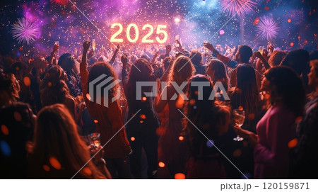 Exciting New Year celebration with vibrant crowd welcoming 2025 at a lively party atmosphere 120159871