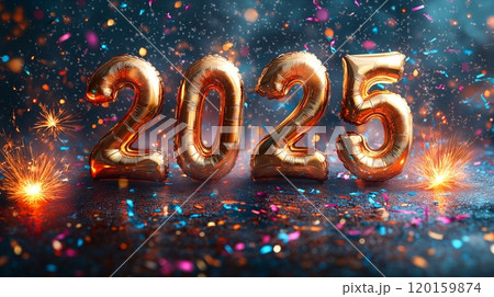 Celebrate the arrival of the new year 2025 with golden balloons and festive decorations 120159874