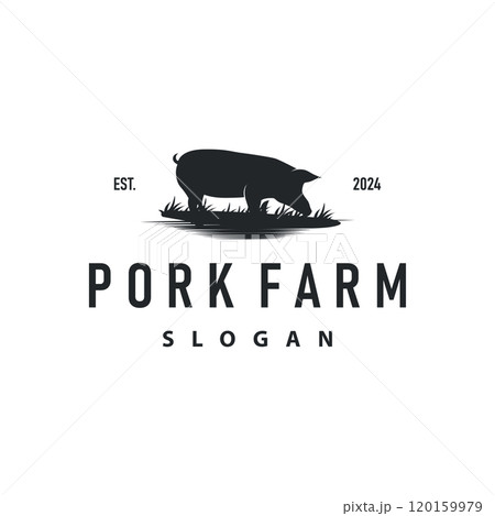 Pig logo grilled pork pig simple rustic stamp vector emblem livestock barbecue BBQ vintage design inspiration 120159979