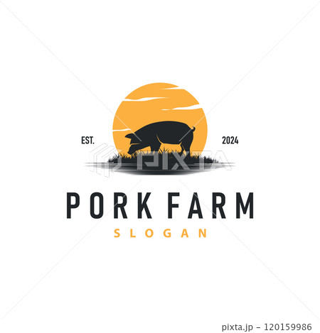 Pig logo grilled pork pig simple rustic stamp vector emblem livestock barbecue BBQ vintage design inspiration 120159986