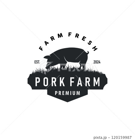 Pig logo grilled pork pig simple rustic stamp vector emblem livestock barbecue BBQ vintage design inspiration 120159987