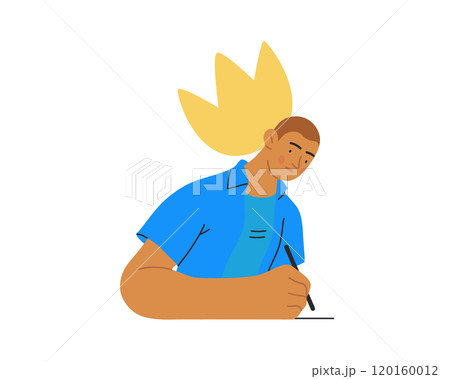 Writing people, modern flat vector concept illustration- sitting woman thoughtfully writing on paper, bubble near head Metaphor for reflection, personal insight, contemplation, creative expression 120160012