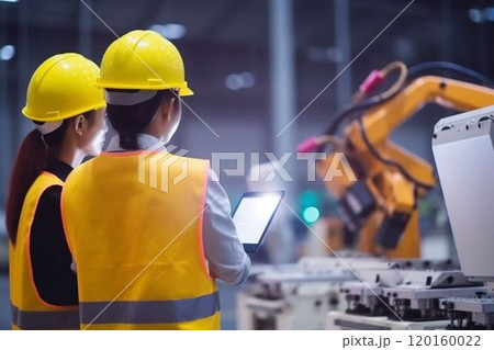 In robotic training female instructor teach girl engineer to program robot arm look manual from laptop. Technician engineer in protective uniform standing and controlling operation industry machine 120160022