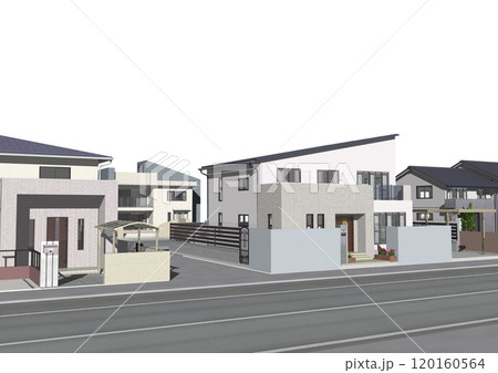 家 ハウス 住宅街 街並み 新築 モデルハウス(3DCGイメージ)白バック 家 ハウス 住宅街 街並み 新築 モデルハウス(3DCGイメージ)白バック 120160564