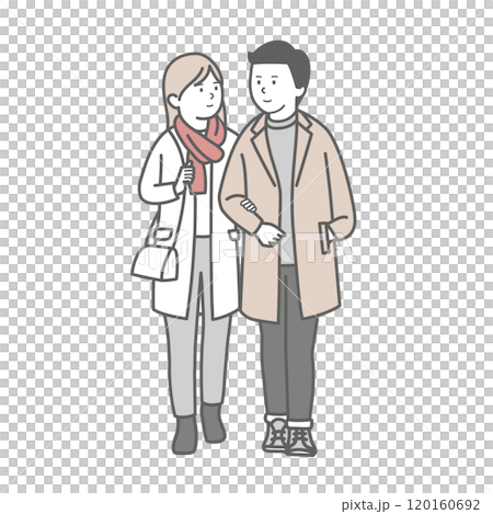 一對穿著冬衣的年輕夫婦手牽手的插圖 一對穿著冬衣的年輕夫婦手牽手的插圖 120160692