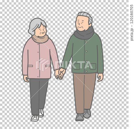 Senior couple in winter clothes walking hand in hand 120160705
