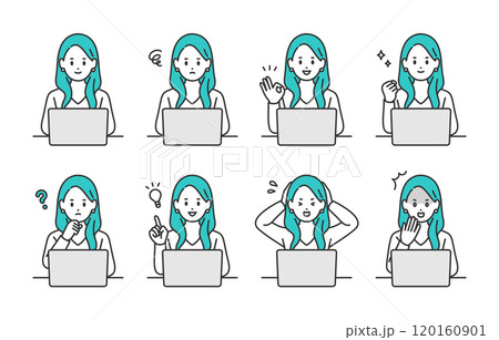 パソコンを見ながらいろいろな表情・ポーズをする若い女性のセット【人物ベクターイラスト素材】 パソコンを見ながらいろいろな表情・ポーズをする若い女性のセット【人物ベクターイラスト素材】 120160901